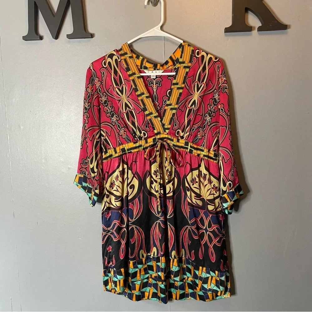 CAbi Silk Tunic Shirt Blouse Tie Waist V-neck 3/4 Sleeve Womens Small Boho